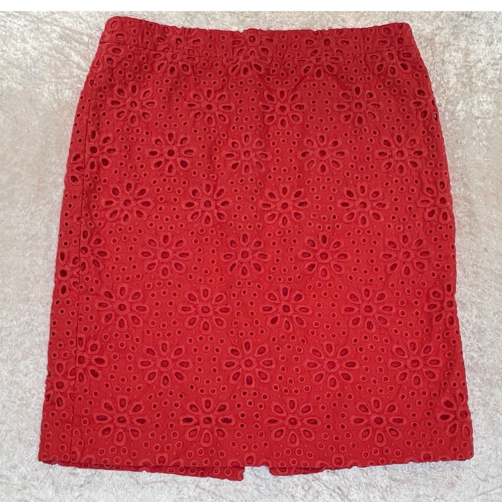 J.Crew No. 2 Pencil Skirt Women 10 Red Excellent Eyelet Lace Floral Embroidery - Picture 1 of 7